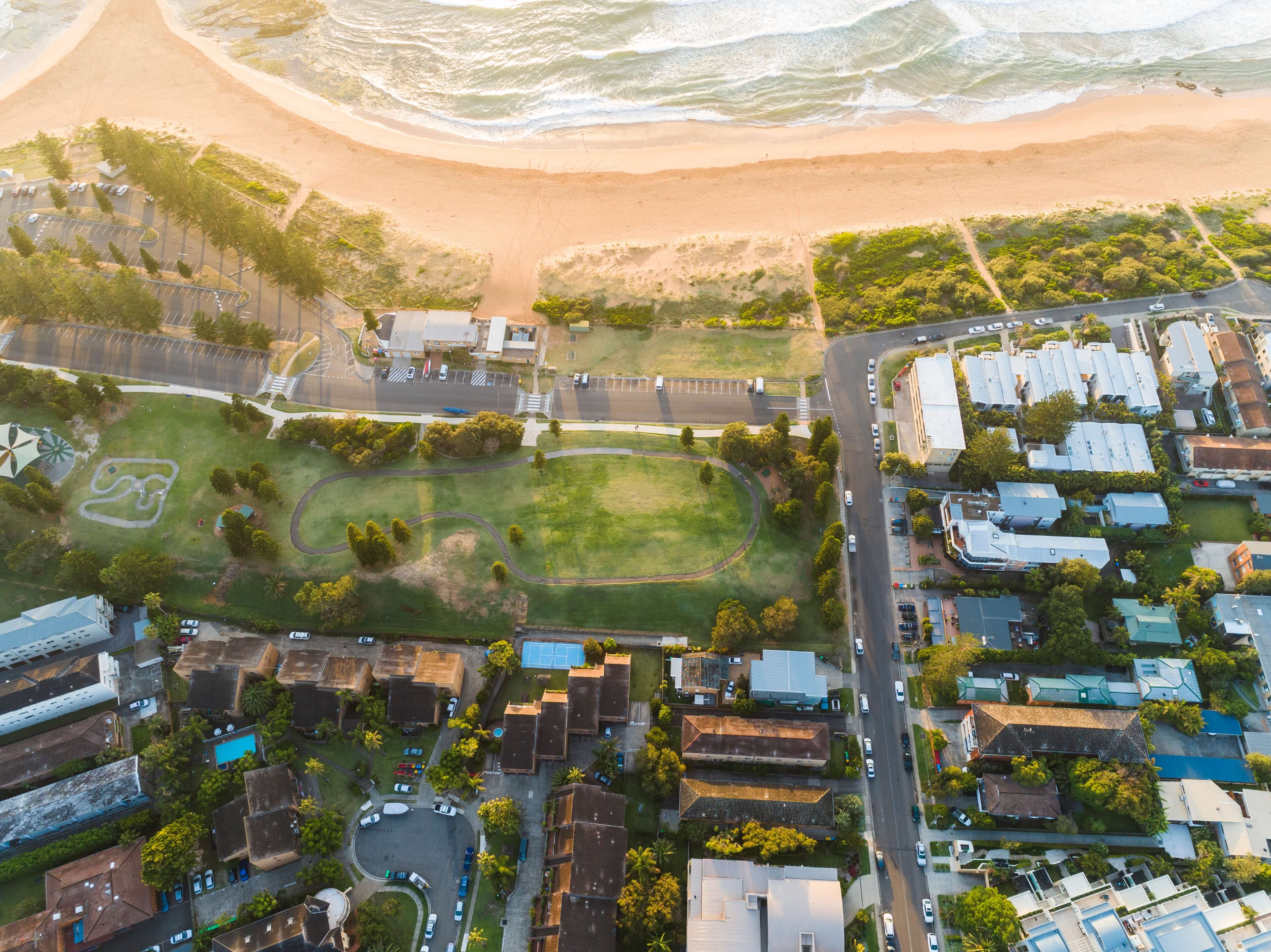 northern beaches aerial shot of beach and homes